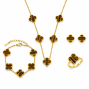 AI-generated product illustration of the Luminity London 4 Clover Bundle in Amber, showing necklace, bracelet, earrings and ring.