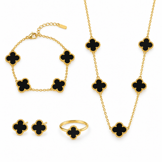 AI-generated product illustration of the Luminity London 4 Clover Bundle in Black, showing necklace, bracelet, earrings and ring.
