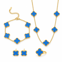 AI-generated product illustration of the Luminity London 4 Clover Bundle in blue, showing necklace, bracelet, earrings and ring.
