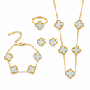 AI-generated product illustration of the Luminity London 4 Clover Bundle in Blue, showing necklace, bracelet, earrings and ring.