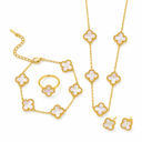 AI-generated product illustration of the Luminity London 4 Clover Bundle in Bright white, showing necklace, bracelet, earrings and ring.