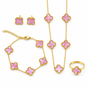 AI-generated product illustration of the Luminity London 4 Clover Bundle in Cherry powder, showing necklace, bracelet, earrings and ring.