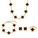 AI-generated product illustration of the Luminity London 4 Clover Bundle in Dark red, showing necklace, bracelet, earrings and ring.