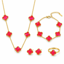 AI-generated product illustration of the Luminity London 4 Clover Bundle in Fluorescent red, showing necklace, bracelet, earrings and ring.