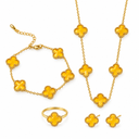 AI-generated product illustration of the Luminity London 4 Clover Bundle in Fluorescent yellow, showing necklace, bracelet, earrings and ring.