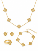 AI-generated product illustration of the Luminity London 4 Clover Bundle in Gold, showing necklace, bracelet, earrings and ring.