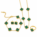 AI-generated product illustration of the Luminity London 4 Clover Bundle in Green, showing necklace, bracelet, earrings and ring.