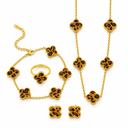 AI-generated product illustration of the Luminity London 4 Clover Bundle in Leopard print, showing necklace, bracelet, earrings and ring.