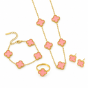 AI-generated product illustration of the Luminity London 4 Clover Bundle in Pink, showing necklace, bracelet, earrings and ring.