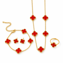 AI-generated product illustration of the Luminity London 4 Clover Bundle in Red, showing necklace, bracelet, earrings and ring.