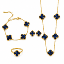 AI-generated product illustration of the Luminity London 4 Clover Bundle in Starry dark blue, showing necklace, bracelet, earrings and ring.