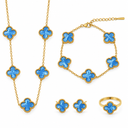 AI-generated product illustration of the Luminity London 4 Clover Bundle in Starry sky light blue, showing necklace, bracelet, earrings and ring.