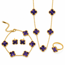 AI-generated product illustration of the Luminity London 4 Clover Bundle in Violet, showing necklace, bracelet, earrings and ring.