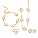 AI-generated product illustration of the Luminity London 4 Clover Bundle in White, showing necklace, bracelet, earrings and ring.