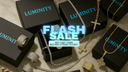 Jewelry set with 'Luminity' branding and a 'Flash Sale' promotion on a dark background.
