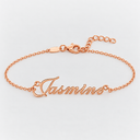 AI illustrative Rose Gold example for CUSTOM ENGLISH ANKLET; sample name reads Jasmine