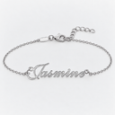 AI illustrative White Gold example for CUSTOM ENGLISH ANKLET; sample name reads Jasmine