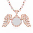 AI illustrative Rose Gold finish preview for the custom wing photo pendant; centre insert shown as a neutral placeholder.