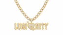 AI illustrative Gold finish reference for customizable heart-name pendant; sample lettering shown