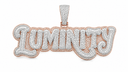 AI illustrative image of the LUMINITY custom iced pendant with rose gold back and white gold text