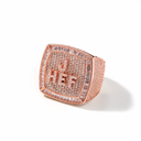 AI illustrative Rose Gold finish preview of the custom iced ring; ring lettering and stone design are retained.