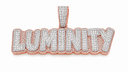 AI illustrative image of the LUMINITY pendant with a rose gold back and white gold text