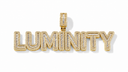 AI illustrative Gold LUMINITY custom-name pendant, border removed