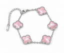 Mother of Pearl Clover Bracelet, Pink Mother of Pearl, White Gold, clean white background