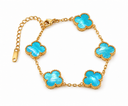Mother of Pearl Clover Bracelet, Turquoise Mother of Pearl, Gold, clean white background
