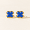 Blue clover stud earrings with gold-tone beaded edge