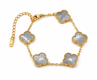 Mother of Pearl Clover Bracelet, Grey Mother of Pearl, Gold, clean white background