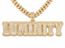Gold-tone iced block-letter pendant reading LUMINITY, shown with a matching chain on white.