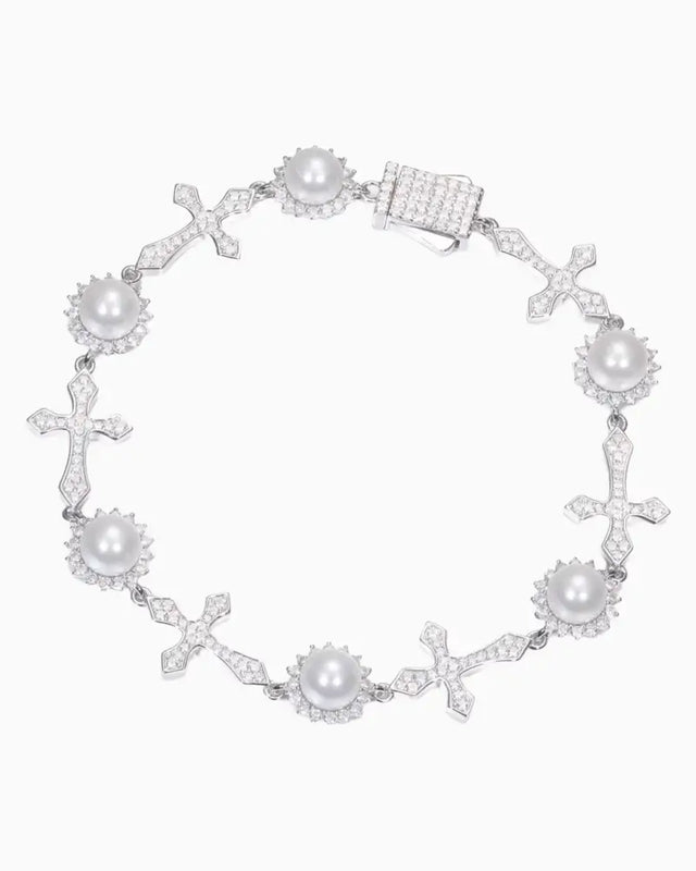 MOISSANITE ICY CROSSES & PEARLS BRACELET