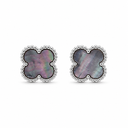 Grey Mother of Pearl clover stud earrings in polished white gold